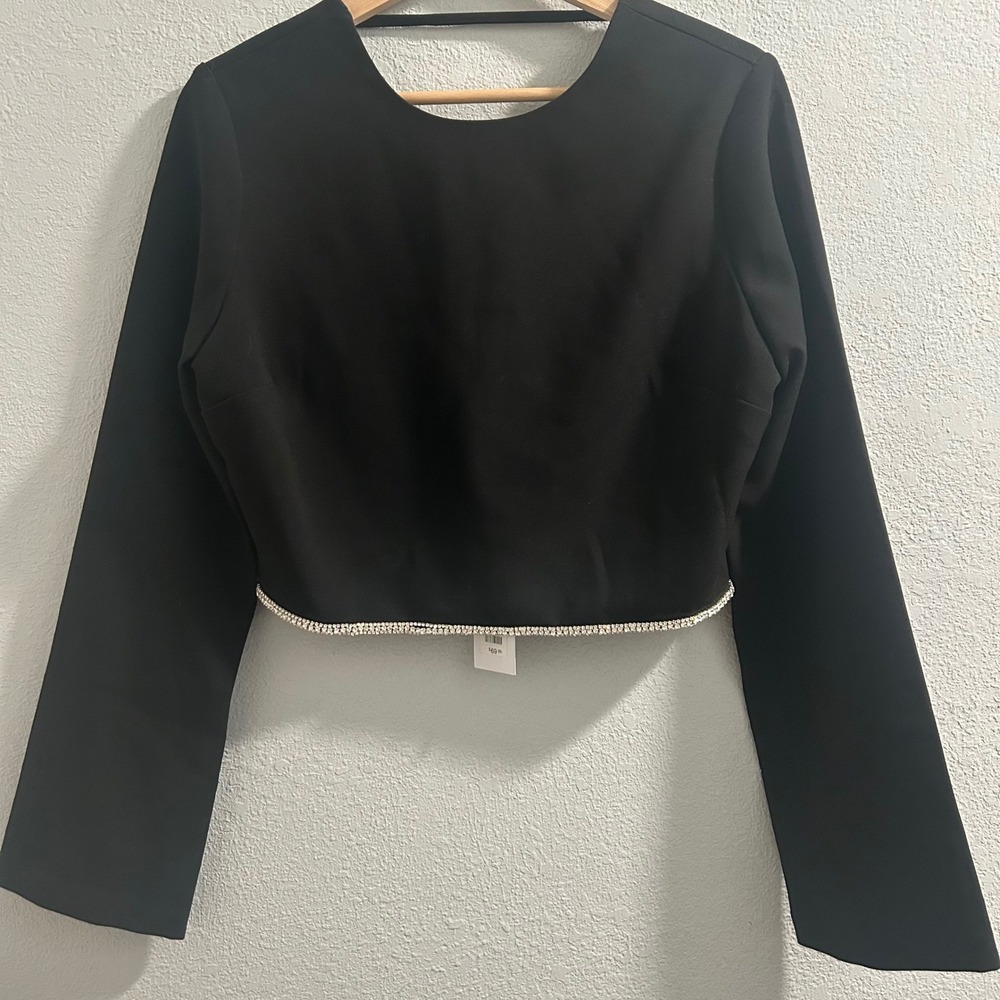 Dynamite Jet Black Long Sleeve Open Back Blouse Rhinestone Trim Cropped Top M